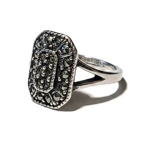 Vintage 18K HGE Genuine Marcasite Cocktail Ring Art Deco Revival Size 6‎